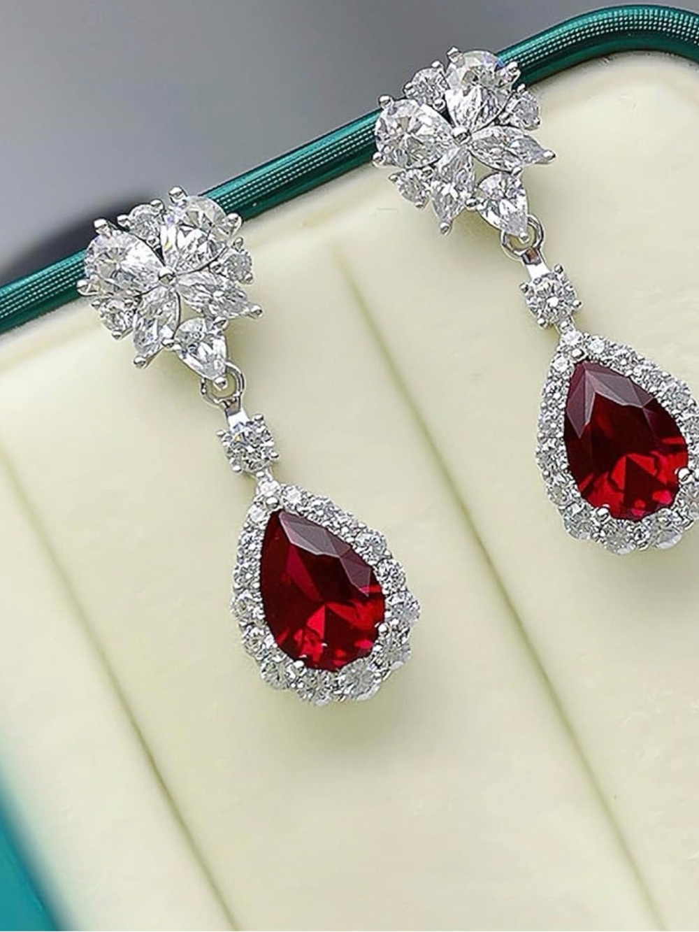 Red Teardrop Crystal Drop Earrings with Halo Accents. NWT.
